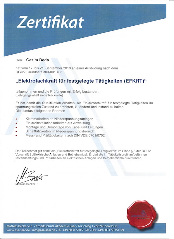 Elektrofachkraft für festgelegte Tätigkeiten G.Deda