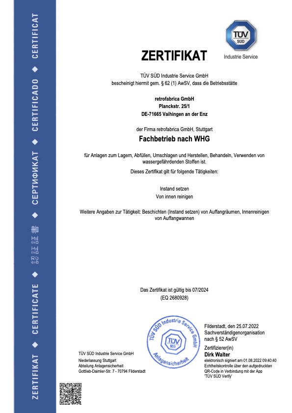 WHG Zertifikat bis 07.2024